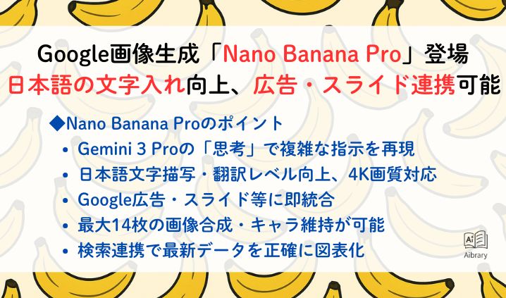 Google画像生成「Nano Banana Pro」登場　日本語の文字入れ向上、広告・スライド連携可能