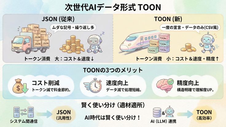 AI（LLM）連携において、従来のJSON形式と比較した「TOON」の優位性を図解。冗長な記号を排除しデータのみを宣言することで、大幅なトークン削減と処理高速化、AIの理解度向上を可能にします。汎用性はJSON、効率性はTOONという使い分けが重要です。