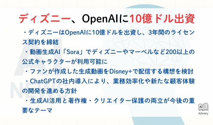ディズニー、OpenAIに10億ドル出資