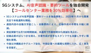 SGシステム、AI音声認識・要約ツールを独自開発【コールセンター業務を30％効率化】へ