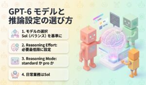 GPT-6は3つの軸で選びます。まずモデル（効率のLuna・バランスのSol・最高能力のAstra）、次にreasoning effort、最後にreasoning mode。日常の知的業務はSolのmediumを基準の候補にし、必要以上に上げないのが基本です。作業別のおすすめ組み合わせを表で整理しました。
