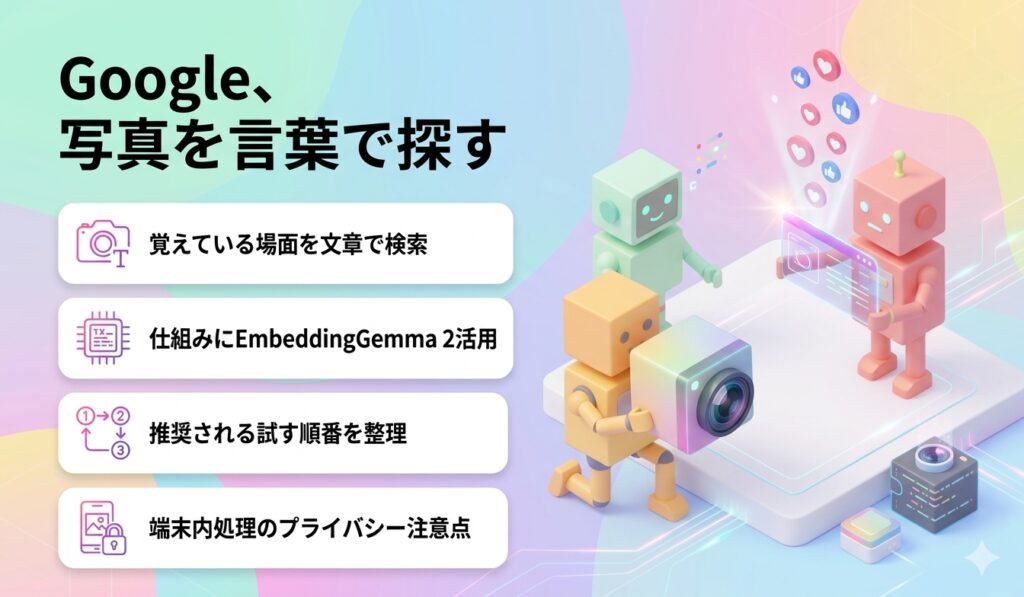 Googleのアプリ「Google AI Edge Gallery」に、スマホ内の写真や動画を言葉で探す2つの機能が加わりました。覚えている場面を文章にするだけで探せます。仕組みのEmbeddingGemma 2、試す順番、端末内処理でも残るプライバシー面の注意点を整理しました。