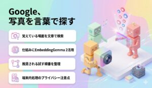 Googleのアプリ「Google AI Edge Gallery」に、スマホ内の写真や動画を言葉で探す2つの機能が加わりました。覚えている場面を文章にするだけで探せます。仕組みのEmbeddingGemma 2、試す順番、端末内処理でも残るプライバシー面の注意点を整理しました。