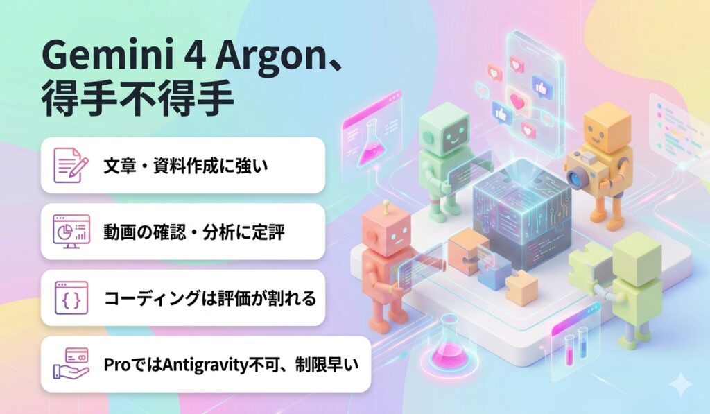 Gemini 4 Argon、得手不得手